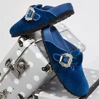 square buckle soft flats slippers round head crystal sandals british thick bottom mules elegant simple wild shoes for women