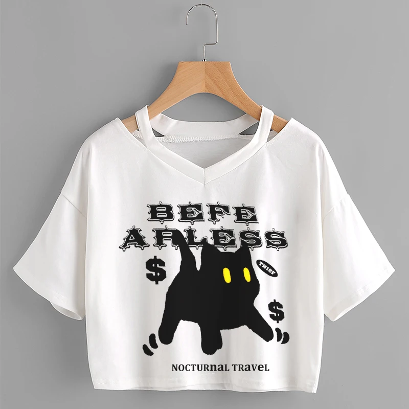 

Женская уличная футболка, укороченный топ в стиле Харадзюку, Винтажная футболка, Сексуальная футболка с вырезами, V-образным вырезом и корот...