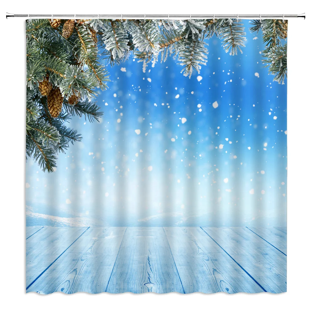 

Winter Snowflake Shower Curtains Houses Tree Ice Lake Surface Snow Scene Bathroom Decor Waterproof Fabric with Hook Bath Curtain