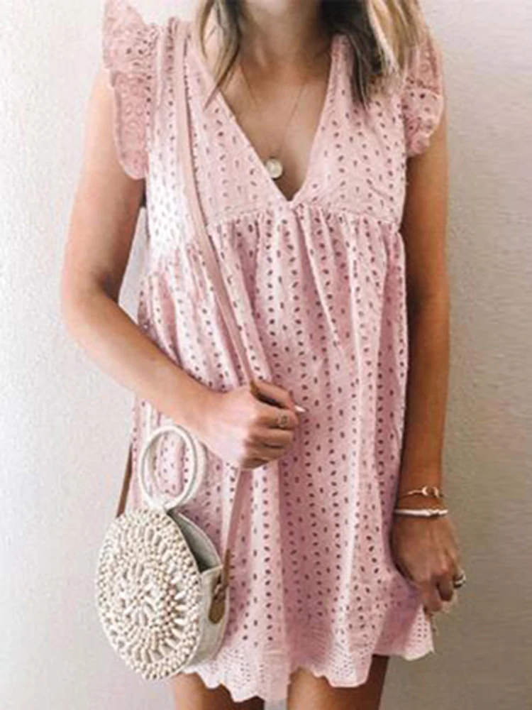 Сексуальное платье с глубоким V-образным вырезом, вышивкой и кружевными рукавами, весеннее платье с оборками, на лето, с эластичным поясом, офисное платье.Сексуальное платье с глубоким V-образным вырезом, вышивкой и кружевными рукавами, весенние платья с 