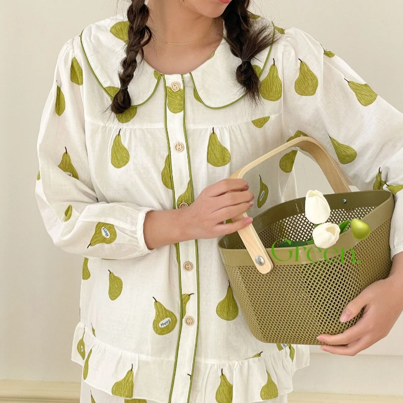 New Pajamas for Women's Spring and Summer Long-sleeved  with Round Neck  Cute Suit Soft Comfortable and Breathable Home Service