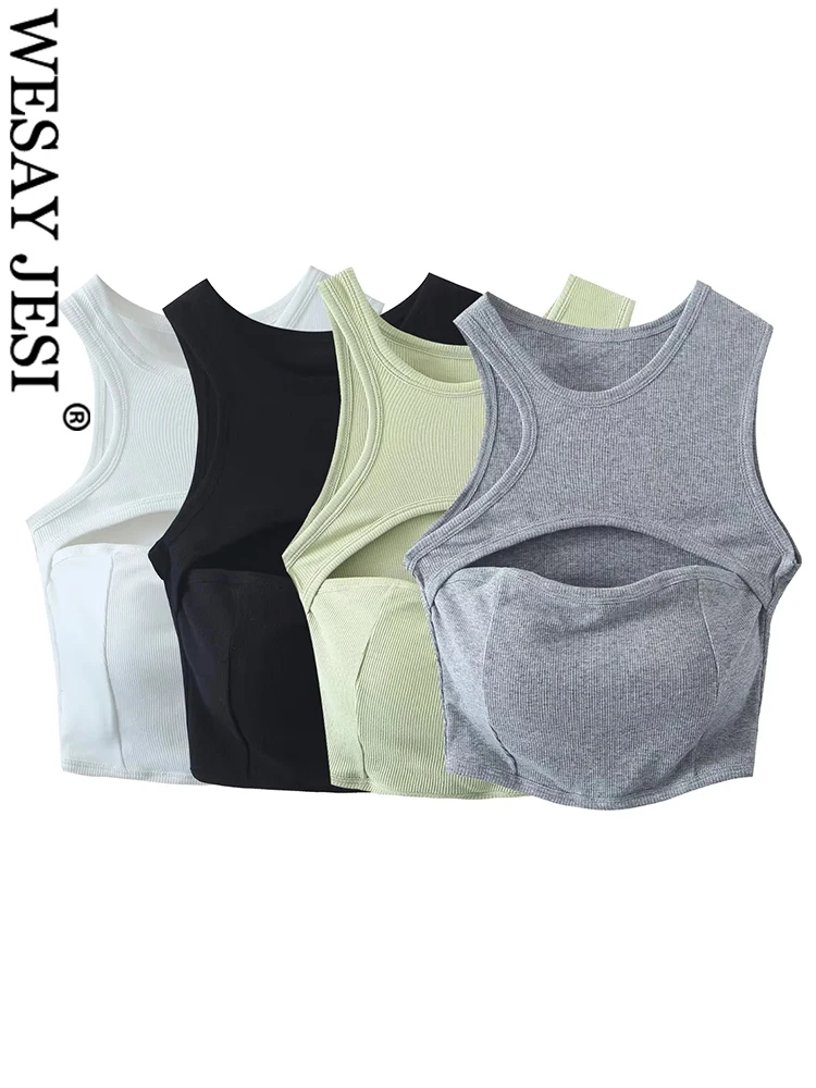 

WESAY JESI Элегантная короткая женская майка с круглым вырезом и вырезом на груди однотонная Четырехцветная модная спортивная одежда Женская м...