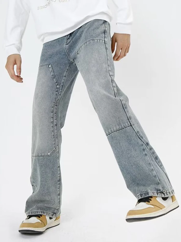 Washed Spliced Denim Pants Men High Street Multi-Pocket Straight-leg Pants Autumn Winter Casual Jeans Men Flared Jeans Men Pants