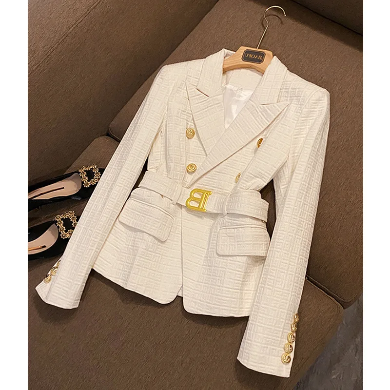 Chic Women Jacket 2023 New in White Black Pink Nude Texture Blazer with Belt Elegant Ladies Business Work Wear Formal Blazers