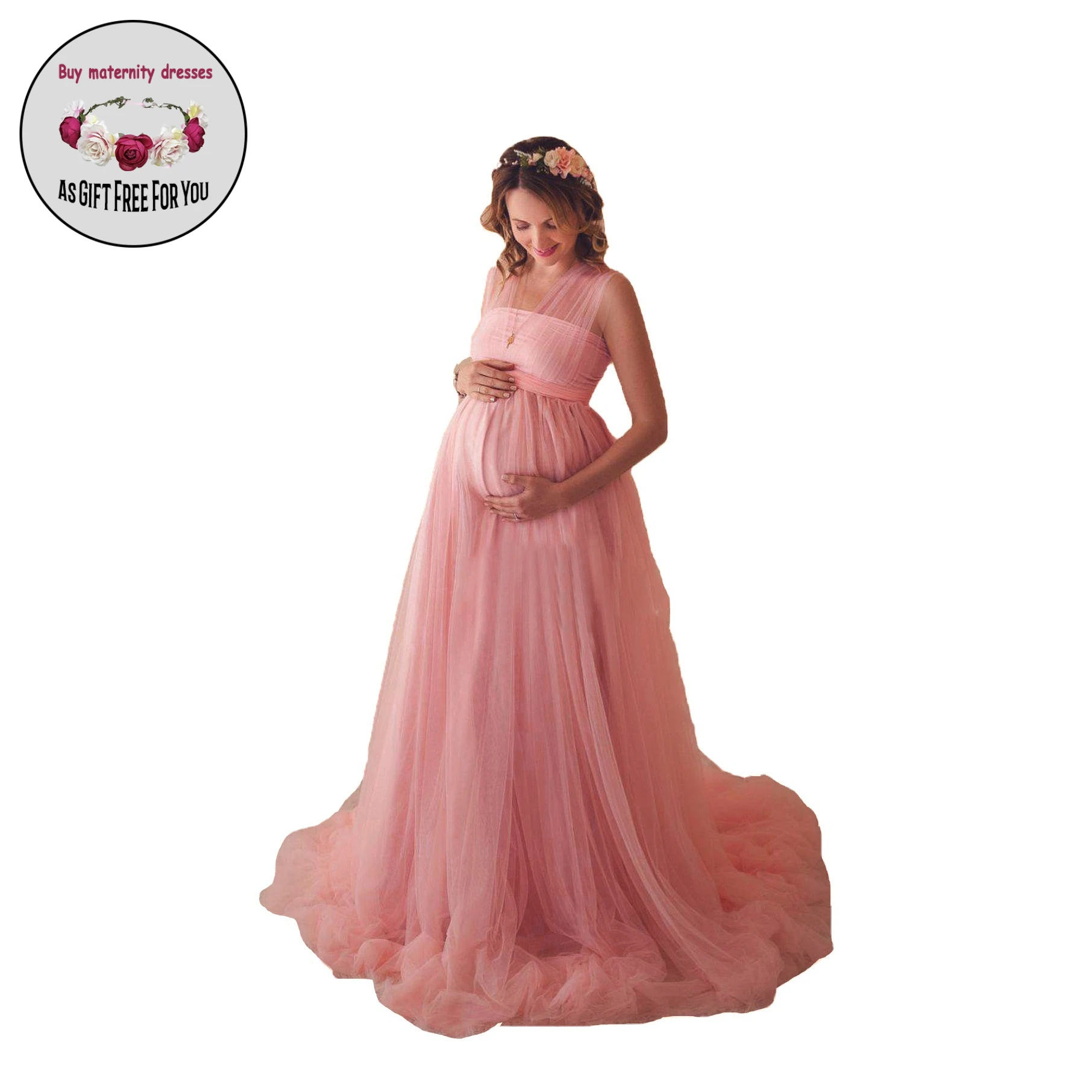 Women Tulle Pregnant Photography Dress Strapless Mercerized Cotton Long Maternity Dresses for Photo Shoot