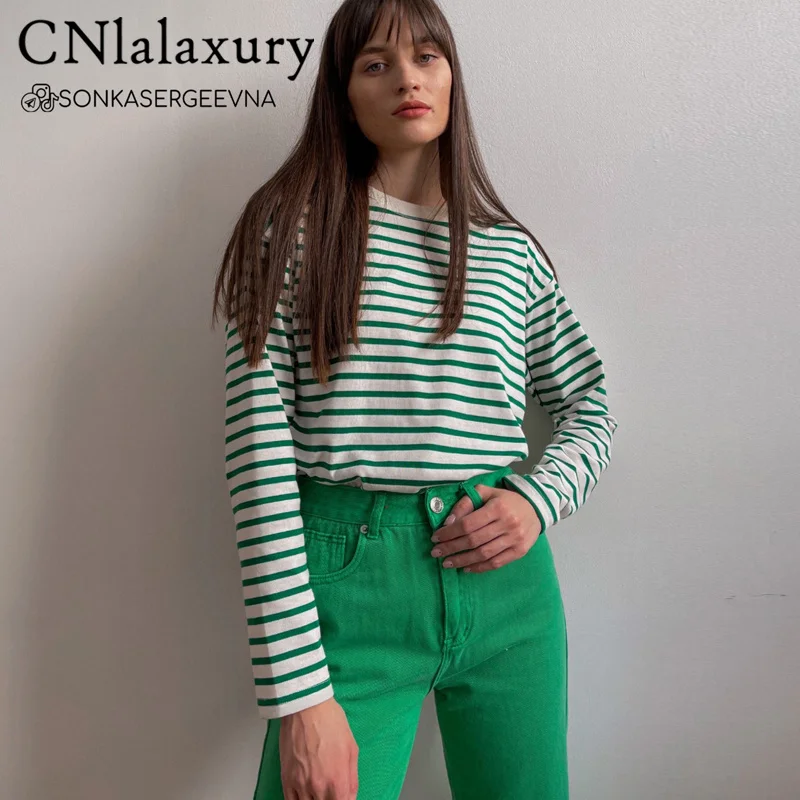 

CNlalaxury Spring Autumn Woman 2023 Striped T-shirt Casual Crew Neck Long Sleeves Basic T-shirts Bottoming O-neck Top Female