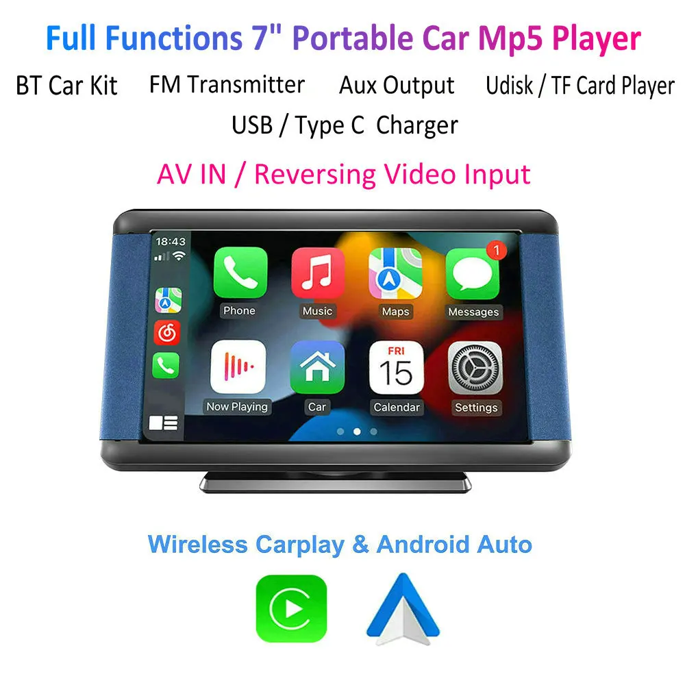 

Portable Car MP5 Player Wireless Carplay Monitor Android Auto 7 Inch Touch Screen Bluetooth Car Kit FM Transmitter Type c etc.