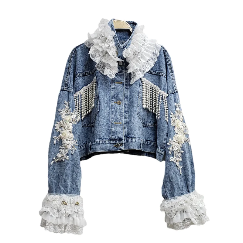 

Beading Mesh Ruffled Collar Denim Jacket Coat Women Cowboy Outwear Loose Short Big Pocket Embroidery Flowers Jeans Jacket Female