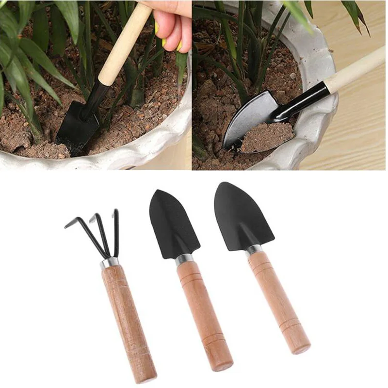 

3pcs Mini Garden Tools Shovel Rake Spade Erramientas Bonsai Set Wooden Handle For Flowers Potted Plant Flower Planting