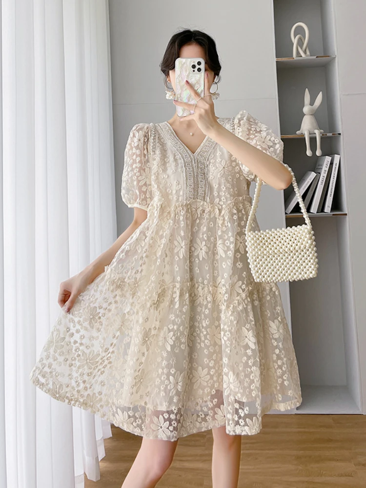 

Dress for Women 2023 New In Loose Lace Dress Fashion Puff Sleeve Embroidery Dress Women Sexy Hollow Out Pattern Mini Dresses