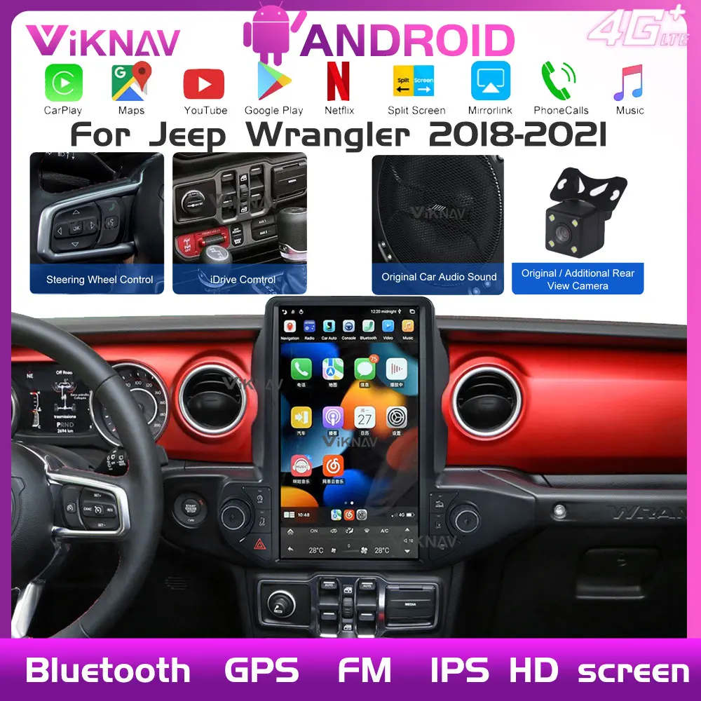 Автомагнитола 2DIN 13 6 дюйма Android с экраном для Jeep Wrangler 2018-2021 GPS-навигацией DVD