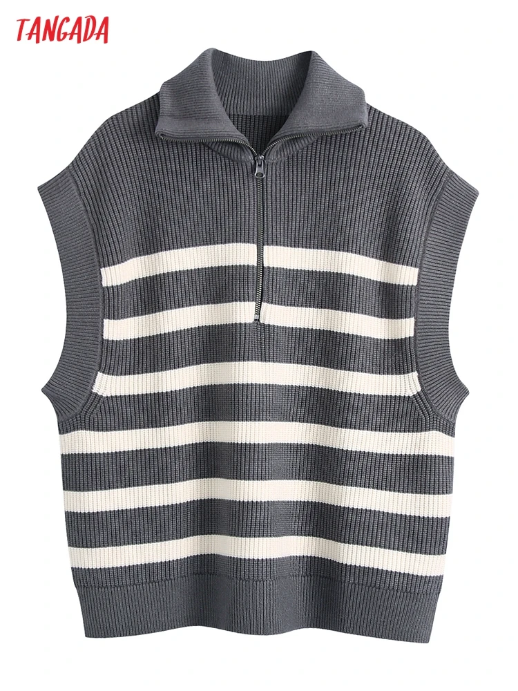

Tangada Women Zipper Loose Striped Gray Knit Vest Sweater Vintage Sleeveless Female Waistcoat BE97