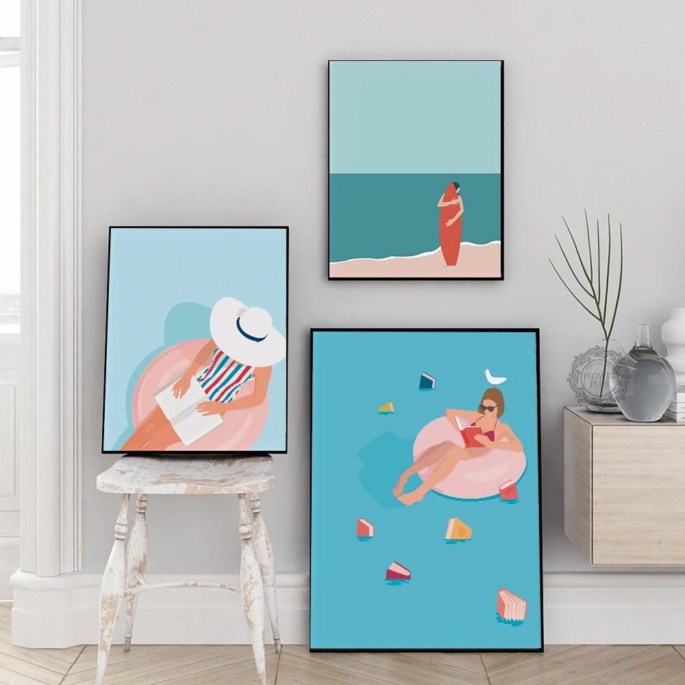 

Book Lover Art Print Girl Reading Pastel Color Woman Surf Lover Canvas Painting Room Home Decor Travel Vacation Poster Picture