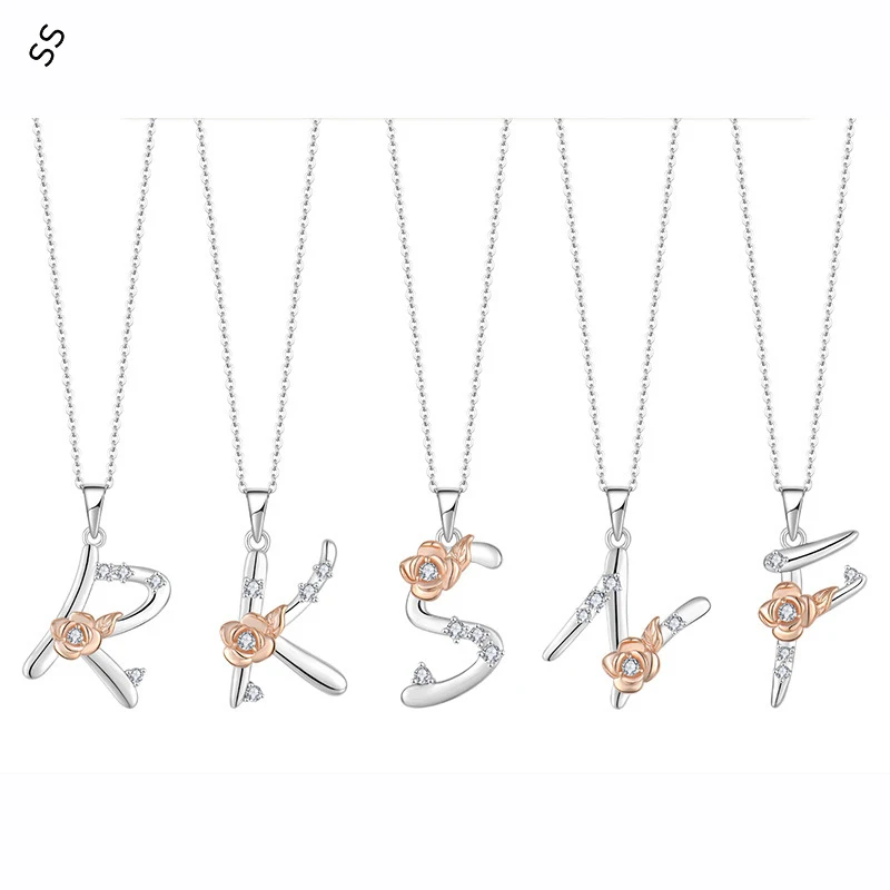 Inlaid Zircon Rose Flower 26 Letters Pendant Female Necklace Sterling Silver 925 Fashion Garment Accessories