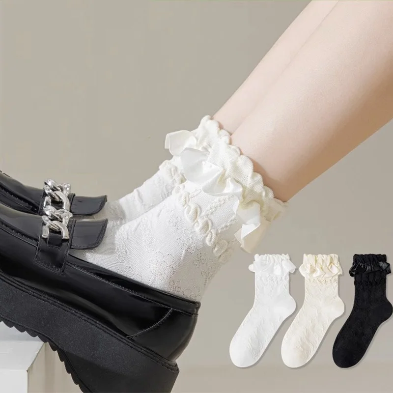 3 Pairs Woman Lolita Cute Black White Socks Set Spring Summer Female Lady  Girls Lace Kawaii Socks For Women