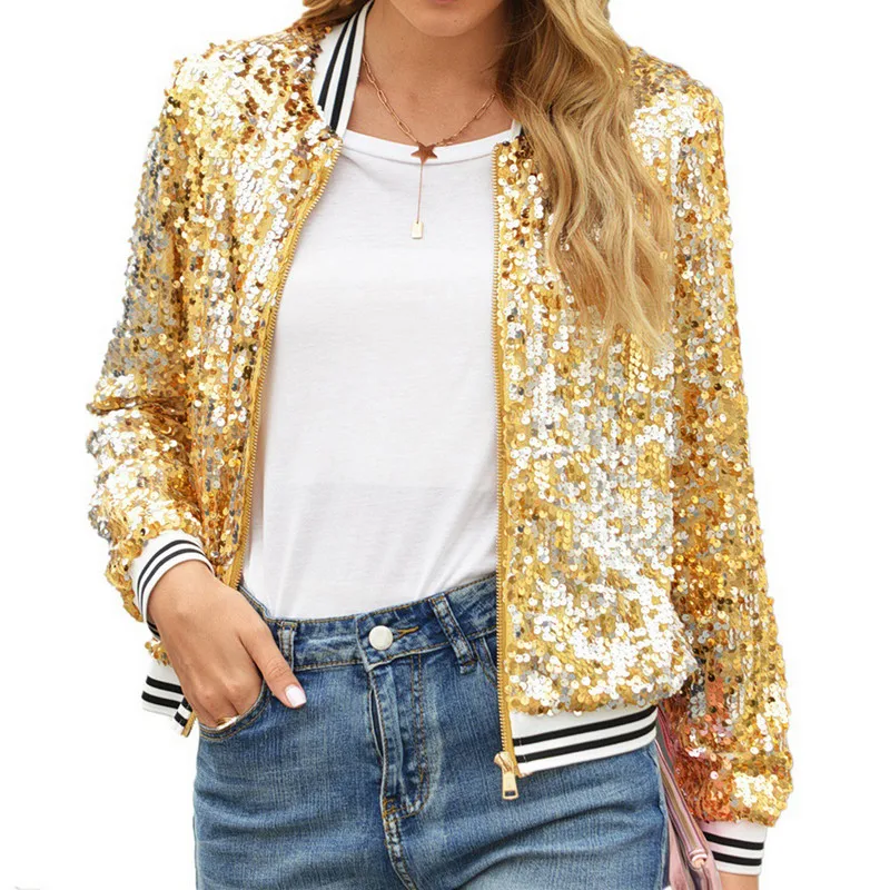 Женская Блестящая легкая куртка на молнии с длинным рукавом