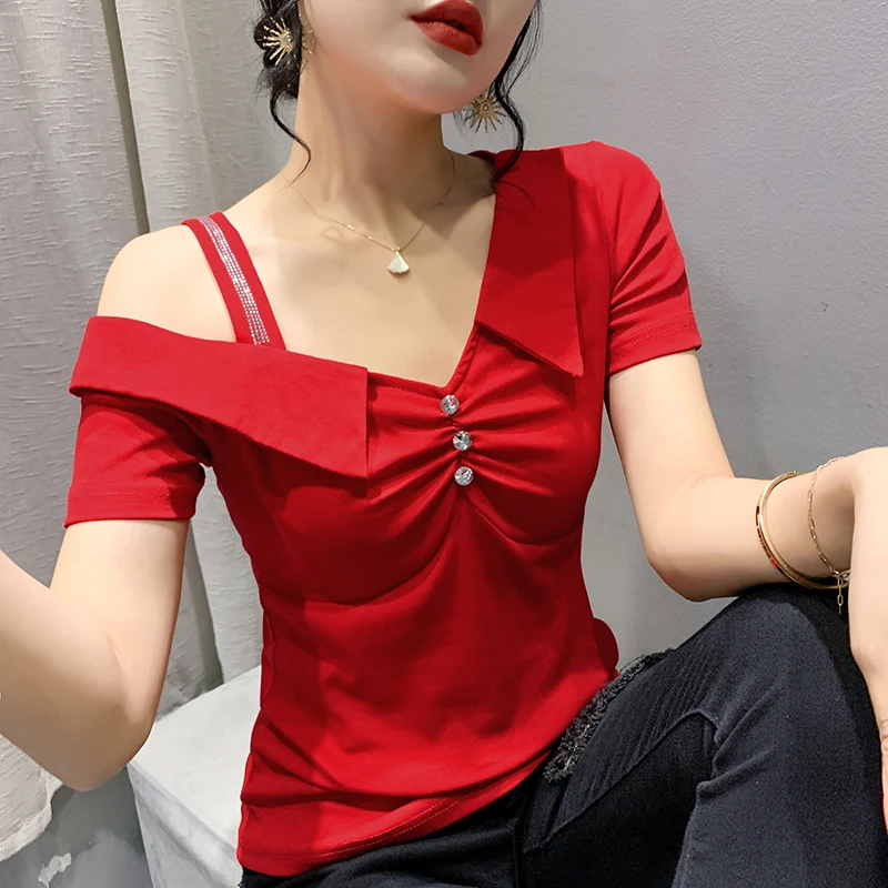 

New 2022 Summer Short-Sleeved V-Neck Women's T-Shirt Fashion Casual Solid Color Diamond Off Shoulder Blusas Female Tops