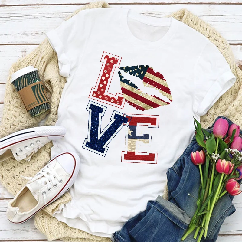 

Women Graphic USA Flag American Patriotic Love Lip Star Summer T-Shirt Tops Lady Womens Clothing Clothes Tee Female T Shirt