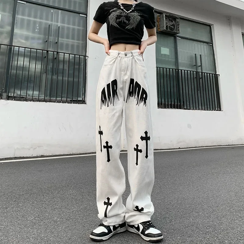 Autumn Winter New Print Jeans Boy Girl Loose Straight Wide Leg Pants Streetwear Trend White Simple Trousers Slouchy Jeans Unisex