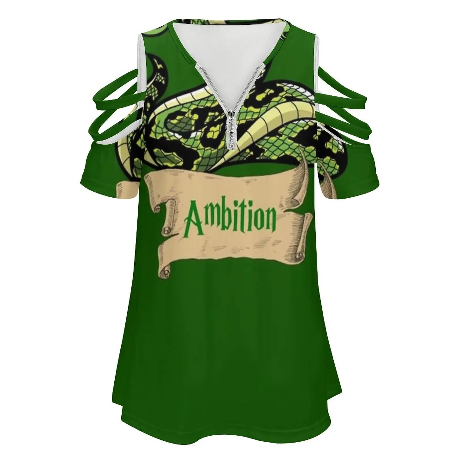 Ambition 14 Women's T-Shirt Summer Fashion Print Floral V-Neck Zipper Tshirt Hollow Pullover Ladies Top Slytherin