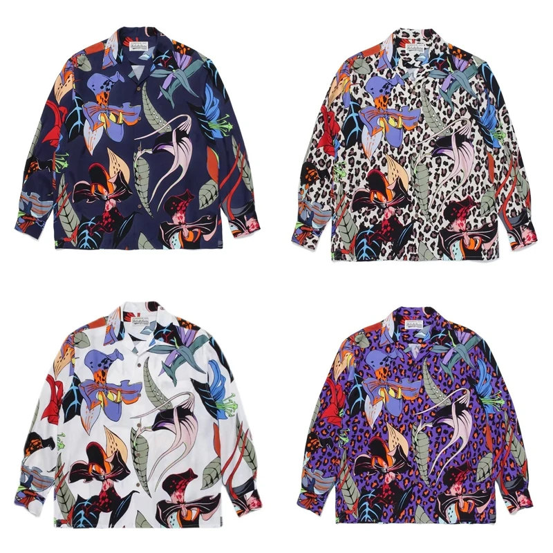 Long Sleeve Falling Floral Graffiti WACKO MARIA Shirt Men Women High Quality Casual Beach Hawaii Style Shirts