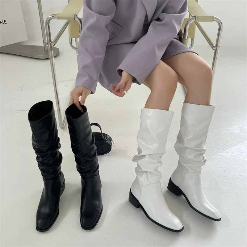 

Round Toe Women Knee High Boots Chelsea Booties Black White PU/Flock Flat Heeled Slip On Knight Botas 2022 New Arrivals Winter