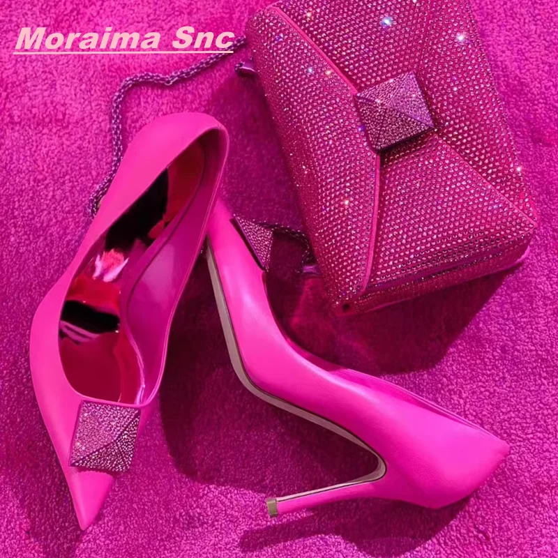 Rosered Rhinestone Glitter Women Fashion Summer Pumps Square Buckle Pointed Toe Solid Luxury Slip On SexyStiletto  Heel Shoes