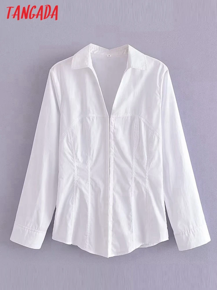 

Tangada Women Cotton White Shirts Long Sleeve Hook Elegant Office Ladies Work Wear Blouses SW01