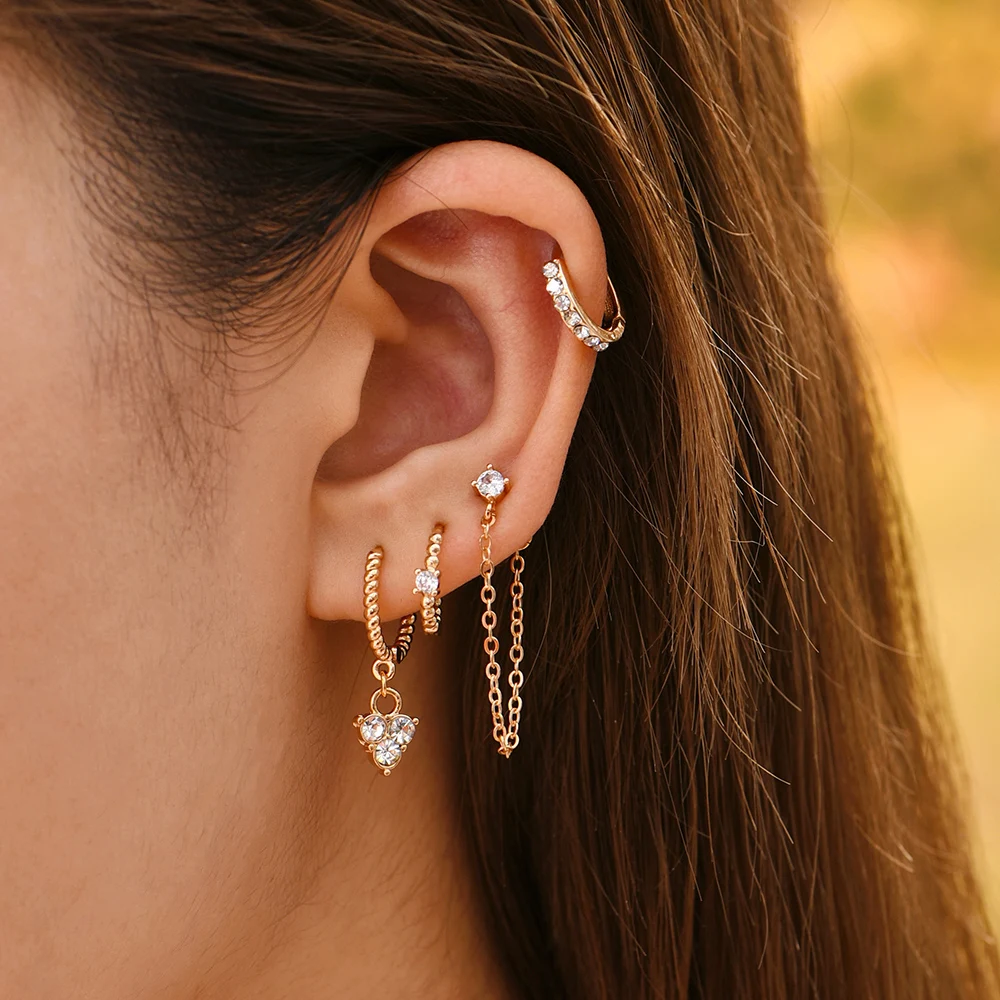 

5pcs/set Retro Heart Pendant CZ Dangle Earrings for Women Small Circle Twist Huggie Stylish Ear Buckle 2023 New Jewelry Bijoux