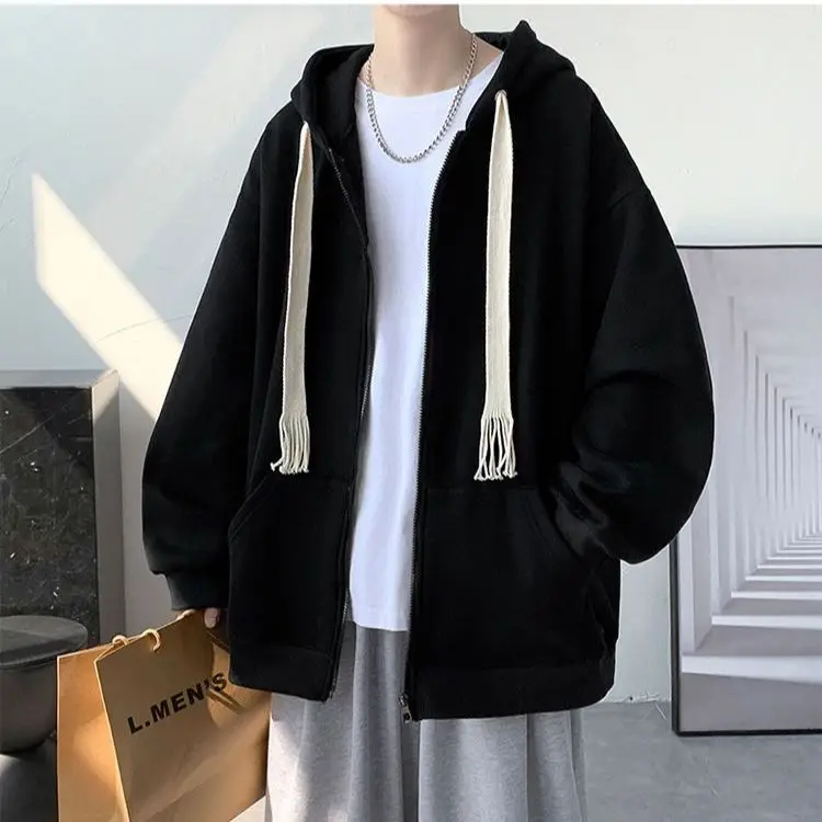Spring Autumn Winter Fashion Solid Casual Cardigan Jacket Men's Loose Cool Boys Soft Solid Zipper Hoodie Drawstring Student Coat