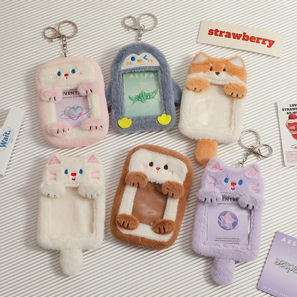 

Kawaii Plush 3inch Photocard Holder Kpop Collect Clear Photo Sleeve Winter Warm ID Card Cover Student Bag Keychain Decoration