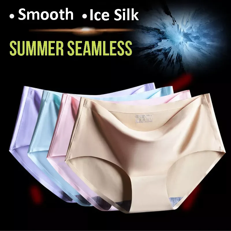 Soft Ice Silk Seamless Panties Smooth Summer  Lingerie Briefs Underwear Hipster Underpants Mid Waist Panty