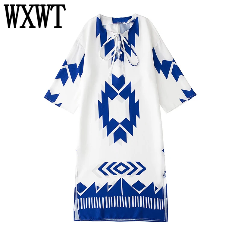 

WXWT женское летнее свободное платье с геометрическим принтом женское повседневное длинное платье с круглым вырезом и рукавом три четверти ...