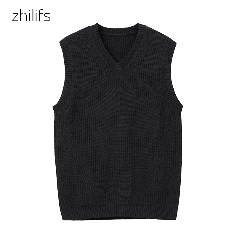 ZHILIFS Mens V-Neck Knitted Sweater Vest Solid Plain Sleeveless Pullover Knitwear Loose Fit All Match Sweater Tops