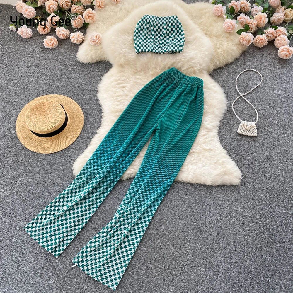 

Young Gee Women's Suit Sexy Strapless Checkerboard Grid Tube Top Gradient Wide Leg Long Pants 2 Pieces Trousers Sets Outfits