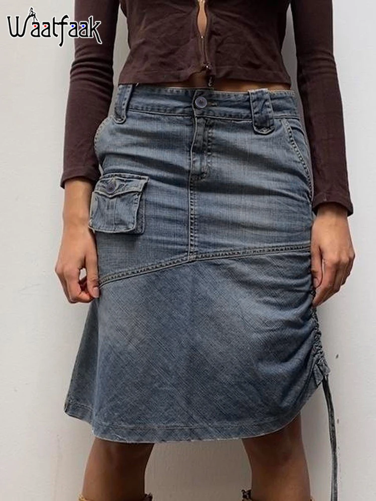 

Waatfaak Shirring Patch Retro Blue Denim Skirt For Women Pockets Grunge Vintage Low Waist Straight Cargo Skirt Streetwear Casual