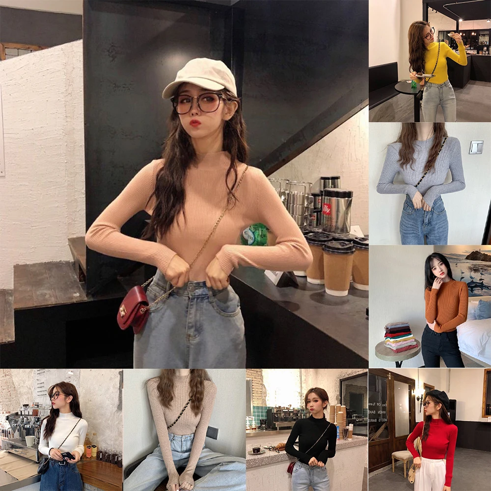 Купи Korean Women Casual Half High Neck Sweater Slim Pullover Stretch Ribbed Long Sleeve Top Spring Autumn Knitted Tops Slim Fit за 146 рублей в магазине AliExpress