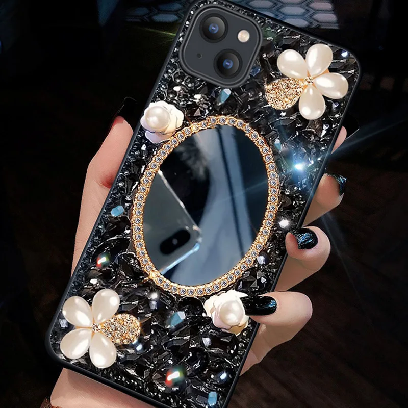 

Luxury Glitter Bling Black Diamond Mirror Phone Case For iphone X XR XS 13 11 Pro Max 12 Pro 7Plus 6s 7 8 Plus SE mini + Cover