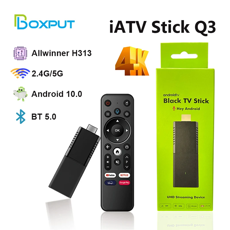 

iATV Q3 Smart Black TV Stick HDR Android TV 10 Allwinner H313 4K ATV HDR Portable TV Prefix 2.4G/5G WIFI BT5.0 OTG VS X96S TX3