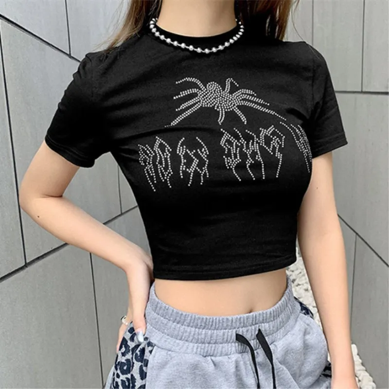 

Женская футболка в стиле Панк Стразы с графическим изображением паука готика укороченный топ Y2k футболка с круглым вырезом черная уличная о...