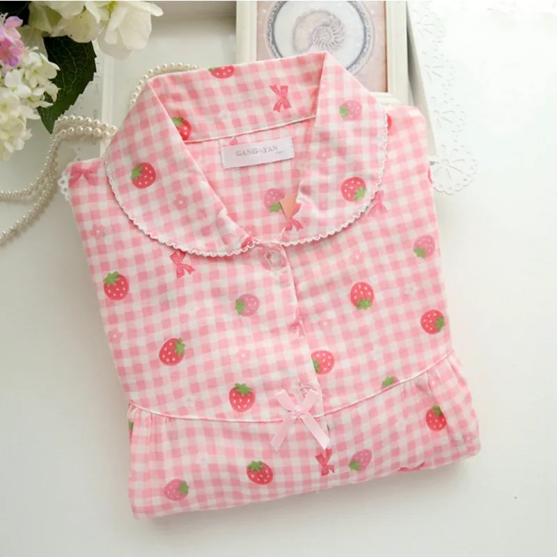 Women's Plaid Strawberry Pajamas Home Service Set Pure Cotton Cute Loose Long Sleeve 2022 Spring and Autumn New