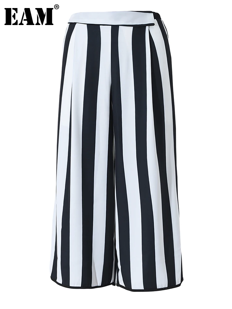 

[EAM] High Elastic Waist Striped Long Black Wide Leg Trousers New Loose Fit Pants Women Fashion Tide Spring Autumn 2023 JH36301
