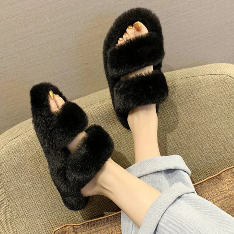 Autumn and Winter New Warm Plush Slippers Female Cute Candy Color Furry Open-toed Drag Outer Wear Fashionable Cotton Slippers