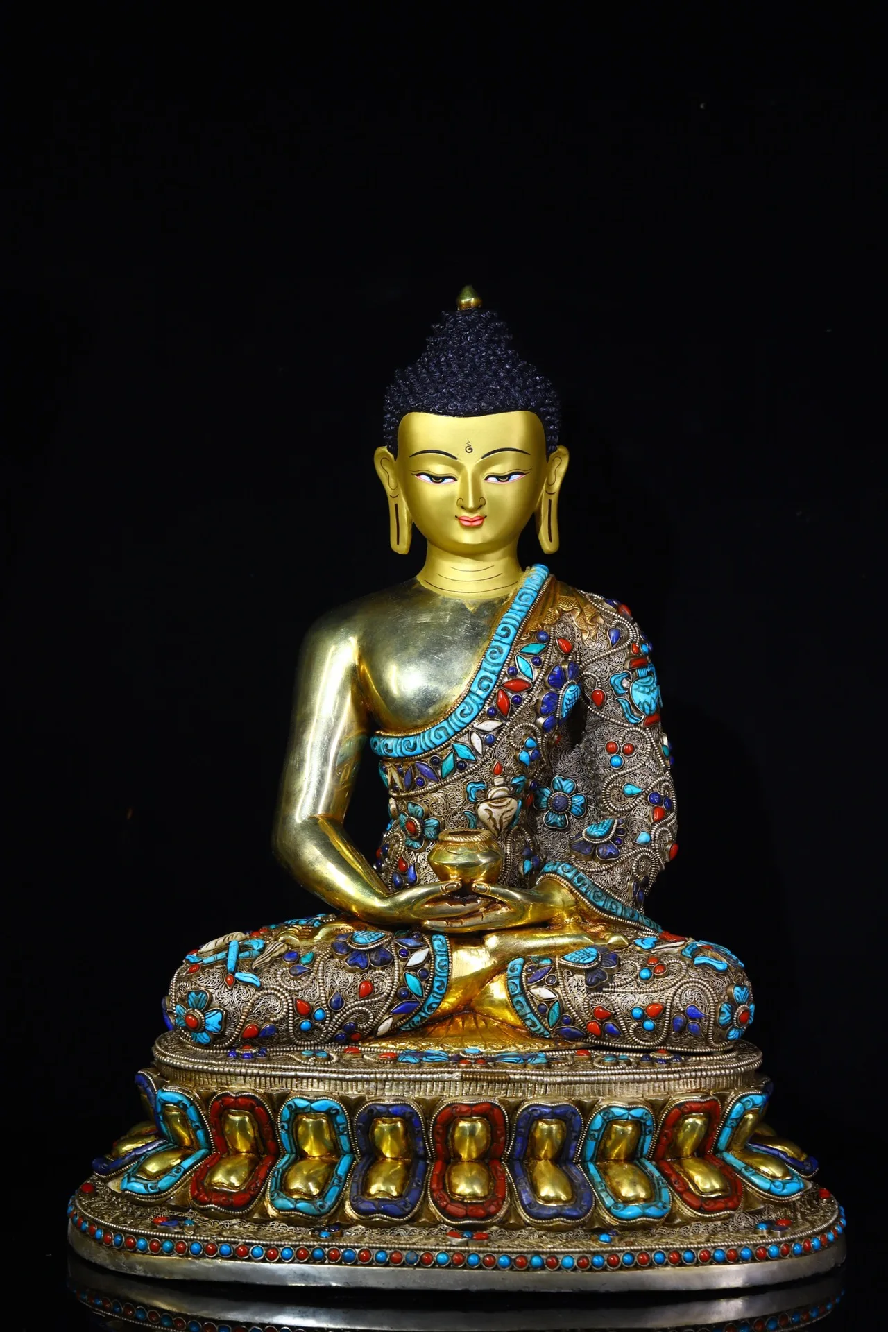

18" Tibetan Temple Collection Old Bronze outline in gold painted mosaic gem turquoise Amitabha Shakyamuni buddha lotus platform