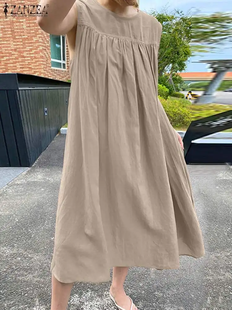 

ZANZEA Fashion Women Summer Sleeveless Dress Female Loose Holiday Party Midi Vestidos Kaftan Elegant Solid OL Sundress Oversized
