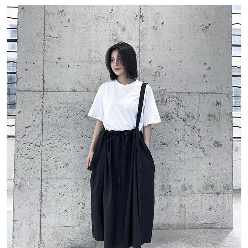 Ladies' Summer New Black High-Waisted Halter Skirt Spring/Summer Trend Retro Loose Multi-Functional Pocket MIDI Skirt