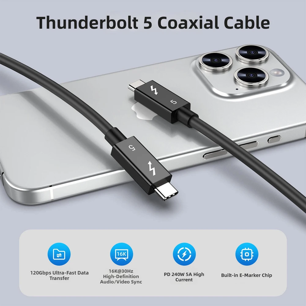 Фото Кабель для передачи данных Thunderbolt 5/4/3, 240 Вт, 120 Гбит/с, 5А, USB-C Type-C, для быстрой зарядки iPhone 15/16/17, Air, SSD, планшетов, ноутбуков, MacBook №5