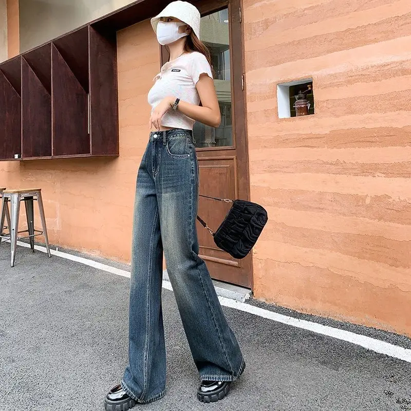 Retro Jeans Spring Autumn Women's High Waist Slimming Loose Korean Style Straight Wide Leg Long Pants High Street Trousers