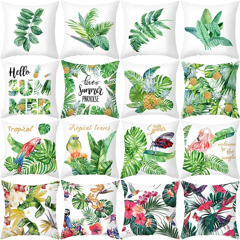 

2022 Summer Tropical Palm Leaf Pillowcase Green Plant Letter Cushion Cover Home Decoration Modern Autumn Decor Pillows Covers