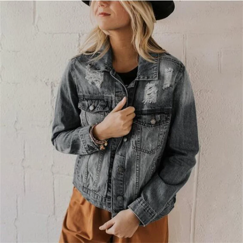 

Grey Slim Women Worn Cowboy Jacket Casual Washed Blue Long Sleeve Hole Coat Vintage Pockets Turn Down Collar Denim Jacket Outfit